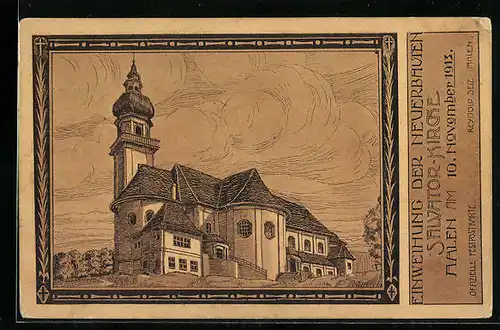 Künstler-AK Aalen, Einweihung der Neubauten Salvator-Kirche 1913