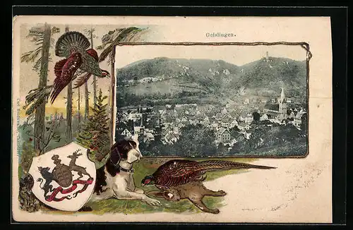 Passepartout-Lithographie Geislingen, Gesamtansicht, Jagdhund mit Auerhähnen, Wappen