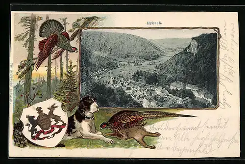 Passepartout-Lithographie Eybach, Ortsansicht aus der Vogelschau, Jagdhund und Auerhähne, Wappen