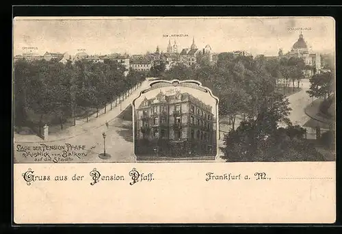 Künstler-AK Frankfurt a. M., Pension Pfaff, Panorama der Stadt mit Strasse und Anlagen