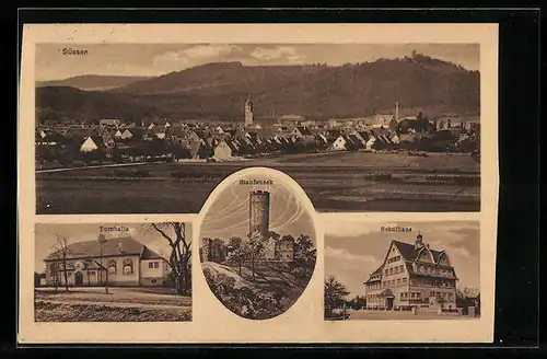 AK Süssen, Gesamtansicht mit Bergblick, Turnhalle, Schulhaus