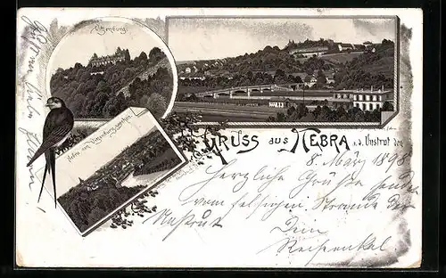 Lithographie Nebra a. d. Unstrut, Ortsansicht mit Bahnhof und Viadukt, Ortsansicht von der Vitzenburg aus