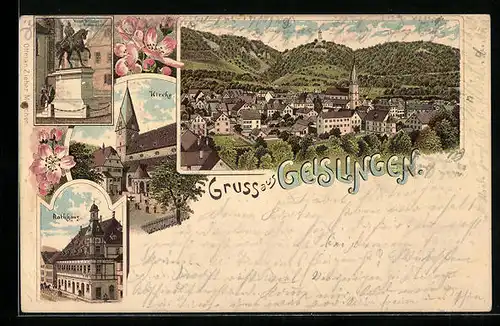 Lithographie Geislingen, Ortsansicht, Rathhaus, Denkmal Wilhelm I.