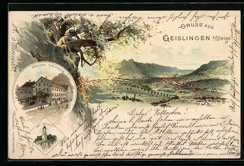 Lithographie Geislingen /Steige, Gesamtansicht mit Umgebung aus der Vogelschau, Gasthaus zur Sonne mit Strasse