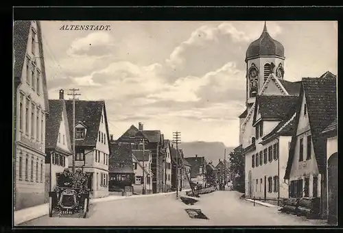 AK Altenstadt, Strassenpartie mit Automobil und Kirche