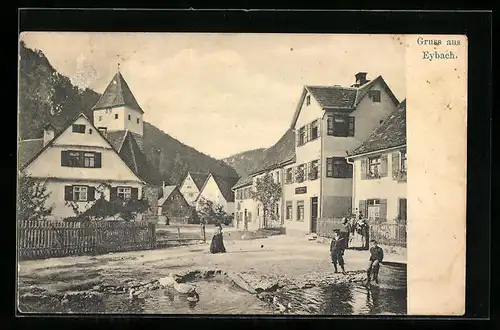 AK Eybach, Ortspartie mit Kirche und Teich
