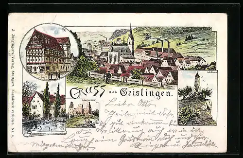 Künstler-AK Geislingen, Ortsansicht von oben, Ortspartie, Oedenturm