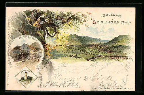 Lithographie Geislingen /St., Wanderer und Gesamtansicht aus der Ferne, Gasthof zur Sonne mit Strasse