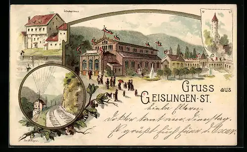 Lithographie Geislingen /St., Gasthaus, Schubarthaus, Bahnstrecke
