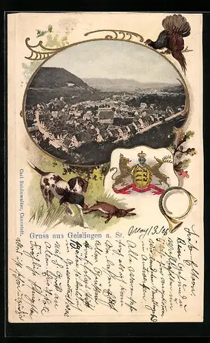 Passepartout-Lithographie Geislingen a. St., Panoramablick auf den Ort, Wappen und Jagdhund