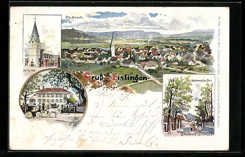 Lithographie Eislingen, Schloss, Kirche, Bahnhof-Strasse