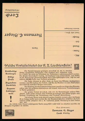 Klapp-AK Ganzsache PP79B2 /01: Lorch, Vorteile des R. Z. Liechtenstein, Obmann Hermann E. Sieger