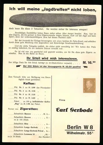Klapp-AK Ganzsache PP109B1 /014: Berlin, Zigarren-Handel Carl Gerbode, Wilhelmstrasse 55, Bestellschein