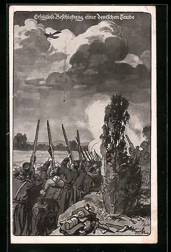 Künstler-AK Erfolglose Beschiessung einer deutschen Taube, Flugzeug