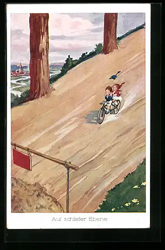 Künstler-AK Auf schiefer Ebene, Kinder auf Fahrrad rasen einen Hang hinab