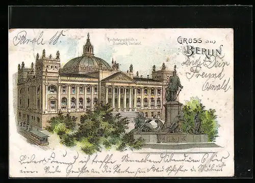 Lithographie Berlin, Reichstagsgebäude u. Bismarck Denkmal