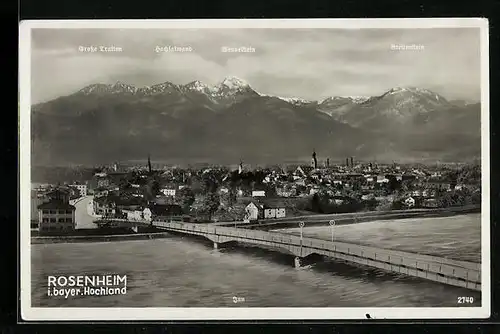 AK Rosenheim i. bayer. Hochland, Ortsansicht mit Inn und Alpen