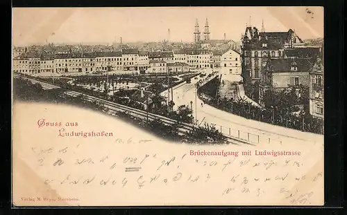 AK Ludwigshafen, Brückenaufgang mit Ludwigstrasse