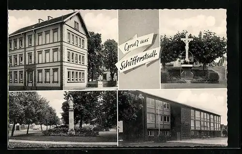 AK Schifferstadt, Ansicht von Denkmal und Wohnhäusern