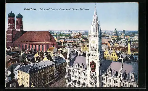 AK München, Blick auf Frauenkirche und Neues Rathaus