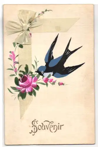 AK Blau-schwarzer Vogel mit Rose und gelber Schleife