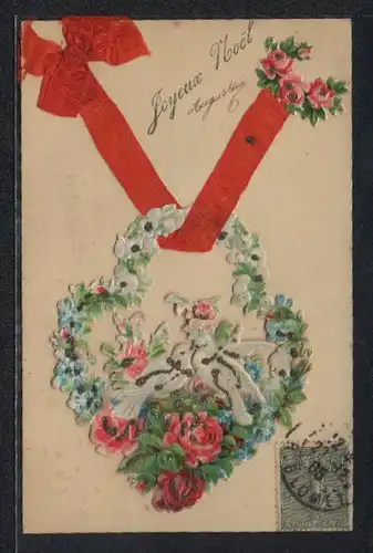 AK Turteltauben im Blumenkranz mit roter Schleife
