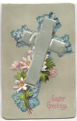 AK Easter Greetings, Christliches Kreuz aus echtem Stoff