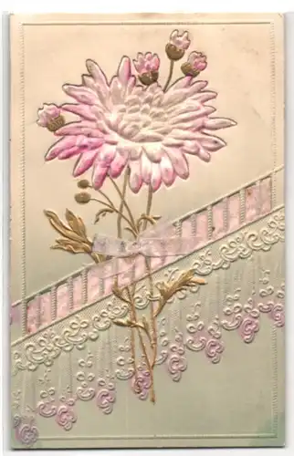 Relief-AK Rosa Blume mit Schleife