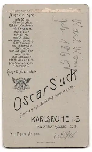 Fotografie Oscar Suck, Karlsruhe i. B., Herr Karl König mit Zwickerbrille
