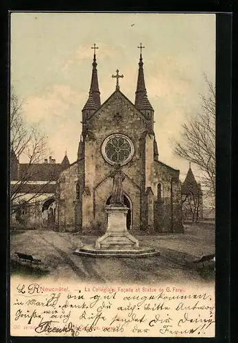 AK Neuchâtel, La Collégiale, Facade et Statue de G. Farel