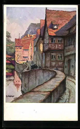 Künstler-AK Schwäbisch Hall, Alte Häuser an der Mauerstrasse