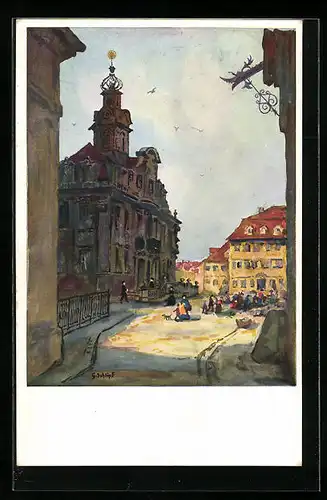 Künstler-AK Schwäbisch Hall, Rathaus mit Marktplatz