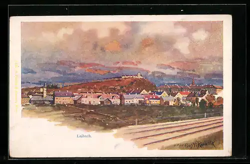 Künstler-AK Laibach, Gesamtansicht der Ortschaft