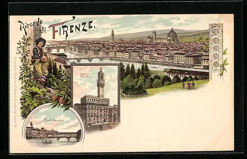 Lithographie Firenze, Ponte Vecchio, Palazzo Vecchio, Teilansicht