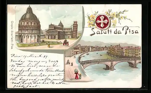 Lithographie Pisa, Baptisterium, Schiefer Turm und Brückenpartie