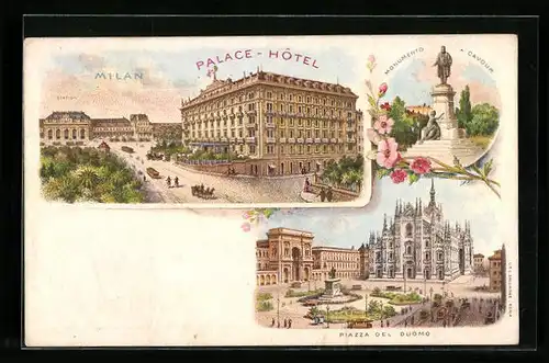Lithographie Milano, Palace-Hotel, Piazza del Duomo, Monumento a Cavour