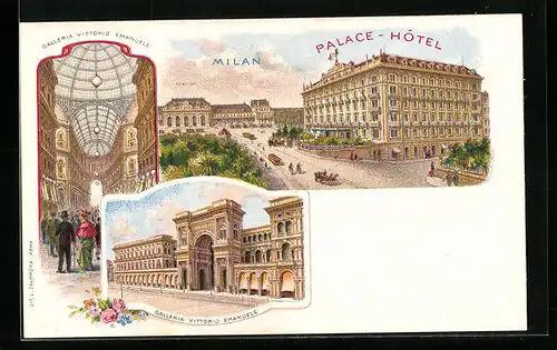 Lithographie Milan, Galleria Vittorio Emanuele, Palace-Hotel