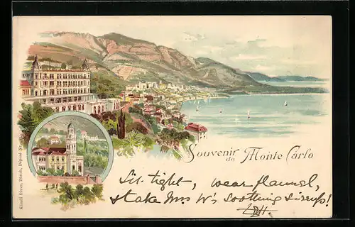 Lithographie Monte Carlo, Gesamtansicht, Kirche