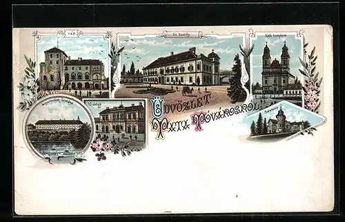 Lithographie Tata Tovaros, Gr. Kastely, Kath. templom, Varoshaz