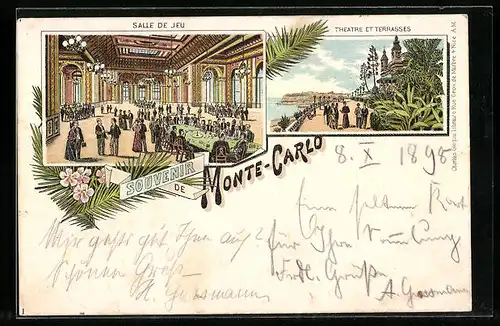 Lithographie Monte-Carlo, Salle de Jeu, Theatre et Terrasses