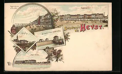 Lithographie Heyst, Digue de mer et la côte, L`eglise, Le canal et l`hotel de Bruxelles