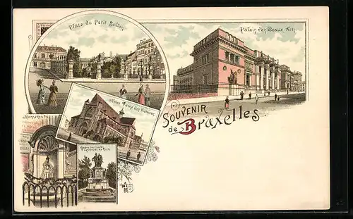 Lithographie Brüssel / Bruxelles, Place du Petit Sablon, Palais des Beaux Arts, Notre Dame des Victoires