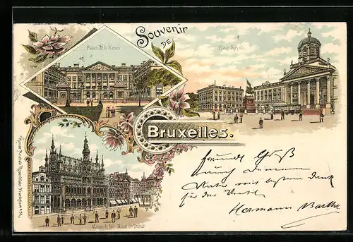 Lithographie Brüssel / Bruxelles, Palais de la Nation, Place Royale, Maison du Roi, Maison des Tailleurs