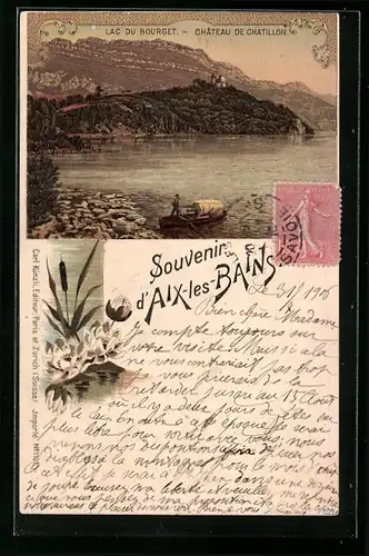Lithographie Aix-les-Bains, Lac du Bourget, Château de Chatillon
