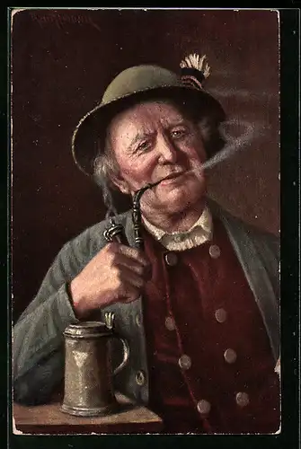 AK Älterer Mann in Tracht raucht Tabakspfeife