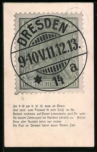 AK Dresden, Briefmarke mit Stempel 11.12.13