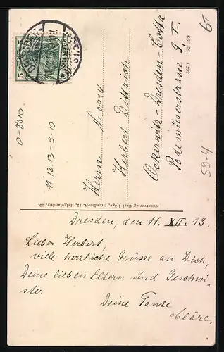 AK Dresden, Briefmarke mit Stempel 11.12.13