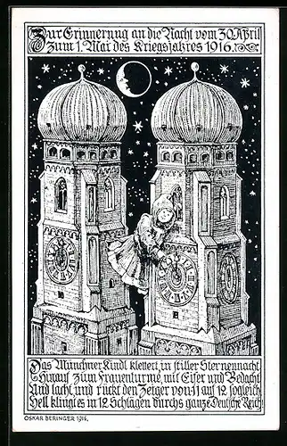 Künstler-AK München, Münchner Kindl nachts an der Frauenkirche, Einführung der deutschen Sommerzeit 1916