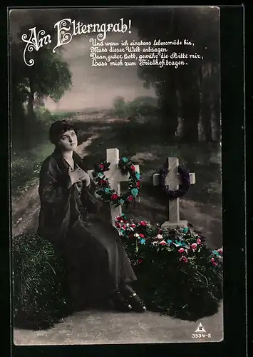 AK Betende Frau am Elterngrab, Und wenn ich einstens lebensmüde bin...