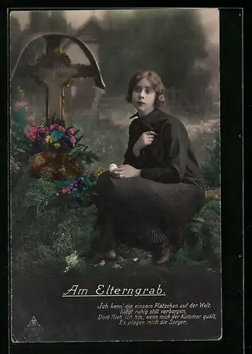 AK Trauernde Frau am Elterngrab, Ich kenn` ein einsam Plätzchen auf der Welt...